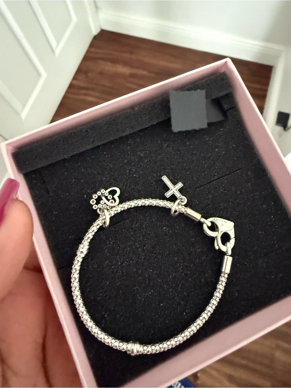 Pandora Silver Braided Charm Bracelet with Cross and Heart Accents